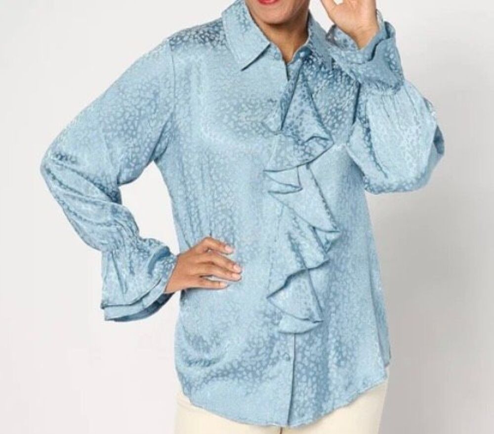 Dennis basso women’s textured, jacquard ruffle, trim blue blouse XS